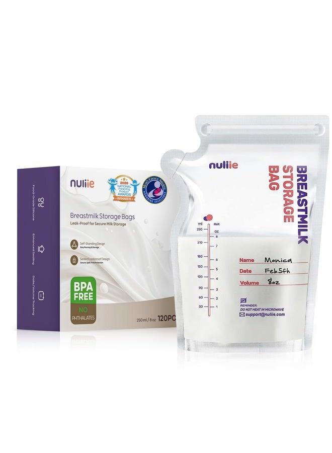 nuliie 120 Pcs Breast Milk Storage Bags, 250ml BPA Free Milk Storage Bags with Pour Spout for Breastfeeding, Self-Standing or Flat Pre-sterilised Bag, Space Saving for Fridge or Freezer Use - Image 1