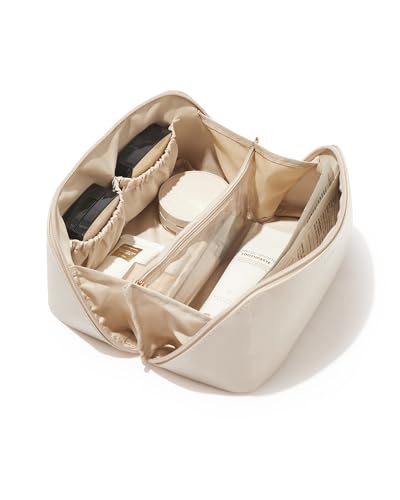 EACHY Travel Makeup Bag Large Capacity Cosmetic Bags for Women Waterproof Portable Open Flat Toiletry Bag Make up Bag with Divider and Handle Christmas Gifts White Medium - Image 2