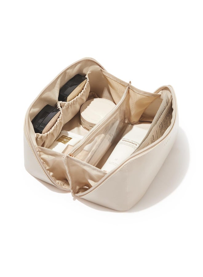 EACHY Travel Makeup Bag Large Capacity Cosmetic Bags for Women Waterproof Portable Open Flat Toiletry Bag Make up Bag with Divider and Handle Christmas Gifts White Medium - Image 3