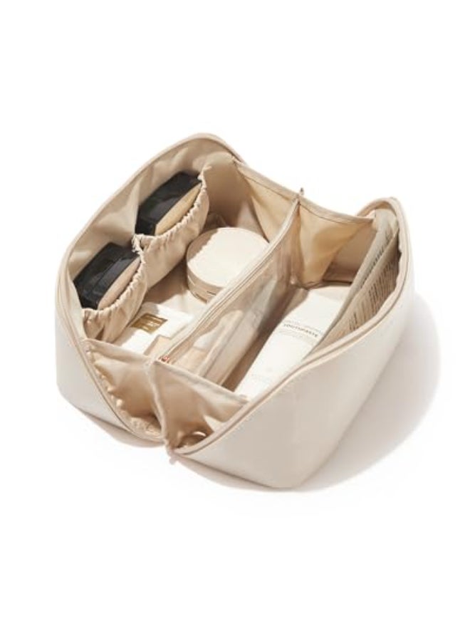 EACHY Travel Makeup Bag Large Capacity Cosmetic Bags for Women Waterproof Portable Open Flat Toiletry Bag Make up Bag with Divider and Handle Christmas Gifts White Medium - Image 1