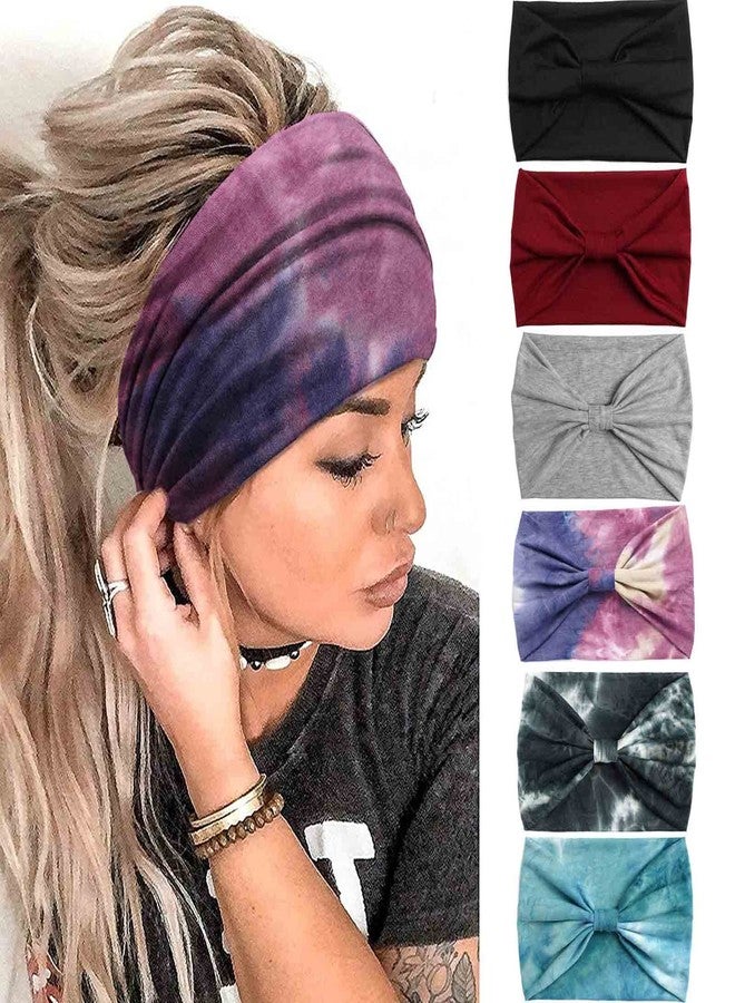 Olbye Wide Headbands Women Knotted Headband Non Slip Elastic Hair Bands Tie Dye Turban Head Wraps Workout Yoga Sports Sweatbands Boho Headbands for Women Fashion Hair Accessories Pack of 6 (Pattern A) - Image 1