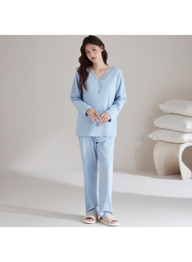 Your Sun Yiershuang 100% Cotton Women's Pajamas Autumn Winter V-neck Lace Pullover Middle-aged And Elderly Homewear Set Gift For Mom - Image 1