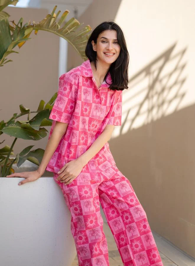 sanskrutihomes Pink Printed Cotton Shirt and Pants Co-Ord Set