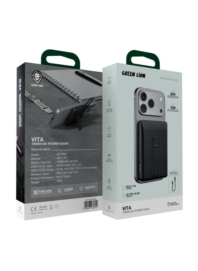 GREEN LION 10000mAh Vita PD 20W Power Bank, Portable PowerBank with MagSafe Compatibility, Ultra Slim Design & Built In Stand, Detachable Braided Type-C to Type-C Cable, Strong Magnets, Safety Protection, 15W Wireless Output, Mag Safe Power Bank Compatible with iPhone 14/15/16/17 Series - Black - Image 3