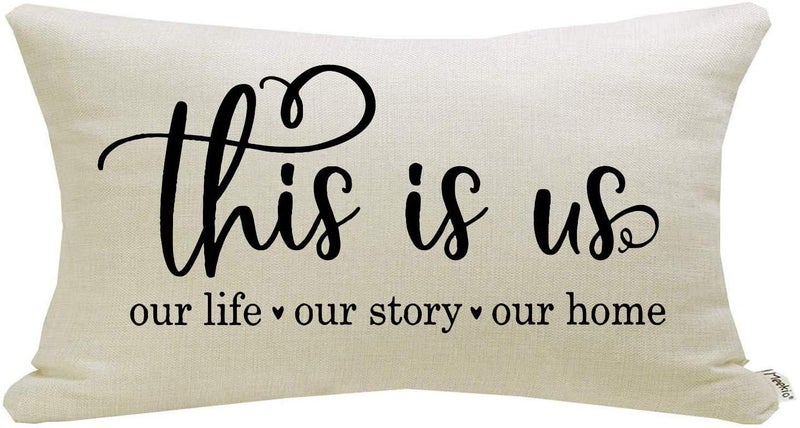 Meekio Farmhouse Pillow Covers with This is Us Quote 12" x 20" Farmhouse Rustic DÃ©cor Lumbar Pillow Covers with Saying Housewarming Gifts Family Room DÃ©cor - Image 1