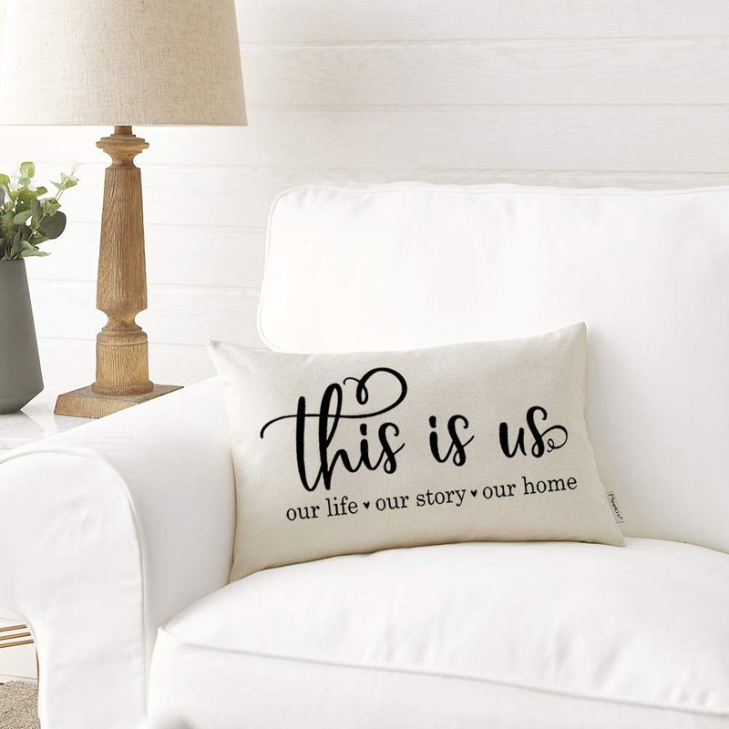 Meekio Farmhouse Pillow Covers with This is Us Quote 12" x 20" Farmhouse Rustic DÃ©cor Lumbar Pillow Covers with Saying Housewarming Gifts Family Room DÃ©cor - Image 4