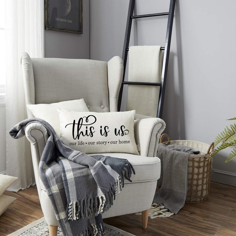 Meekio Farmhouse Pillow Covers with This is Us Quote 12" x 20" Farmhouse Rustic DÃ©cor Lumbar Pillow Covers with Saying Housewarming Gifts Family Room DÃ©cor - Image 2