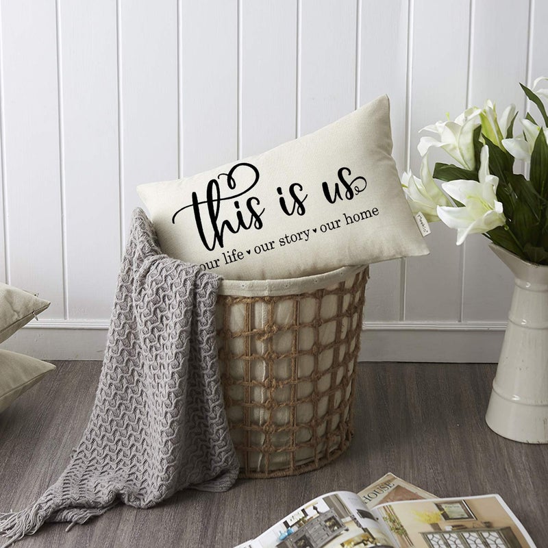 Meekio Farmhouse Pillow Covers with This is Us Quote 12" x 20" Farmhouse Rustic DÃ©cor Lumbar Pillow Covers with Saying Housewarming Gifts Family Room DÃ©cor - Image 3