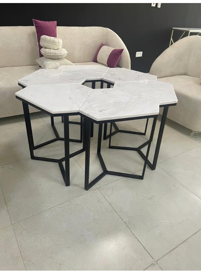 Horoof Market Horoof Home® Set of 6 Hexagonal Marble Nesting Coffee Tables – Modern White Marble Top with Black Metal Frames  - Image 1