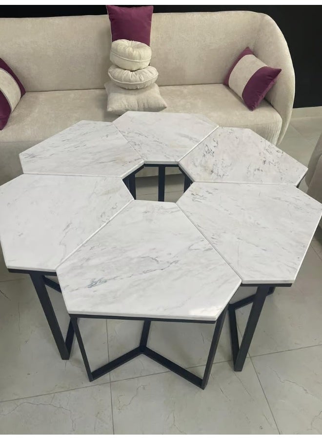 Horoof Market Horoof Home® Set of 6 Hexagonal Marble Nesting Coffee Tables – Modern White Marble Top with Black Metal Frames  - Image 3