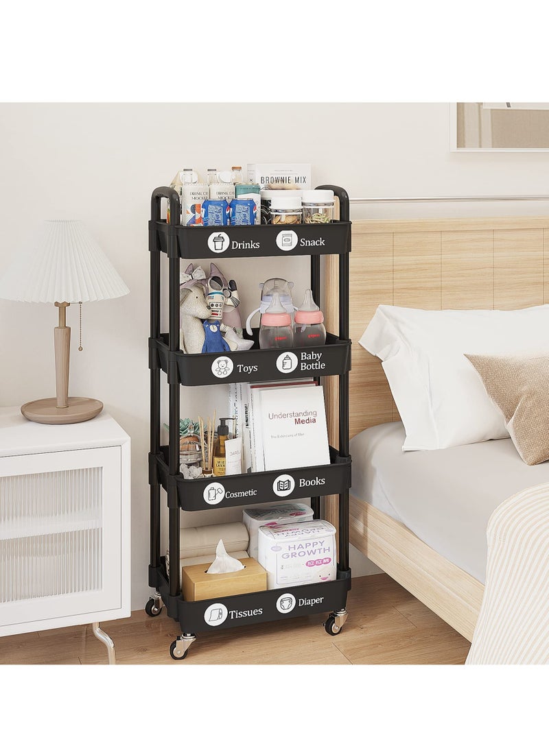 4-Tier Plastic Rolling Utility Cart with Handle, Multi-Functional Storage Trolley for Office, Living Room, Kitchen, Movable Storage Organizer with Wheels, Black  - Image 5