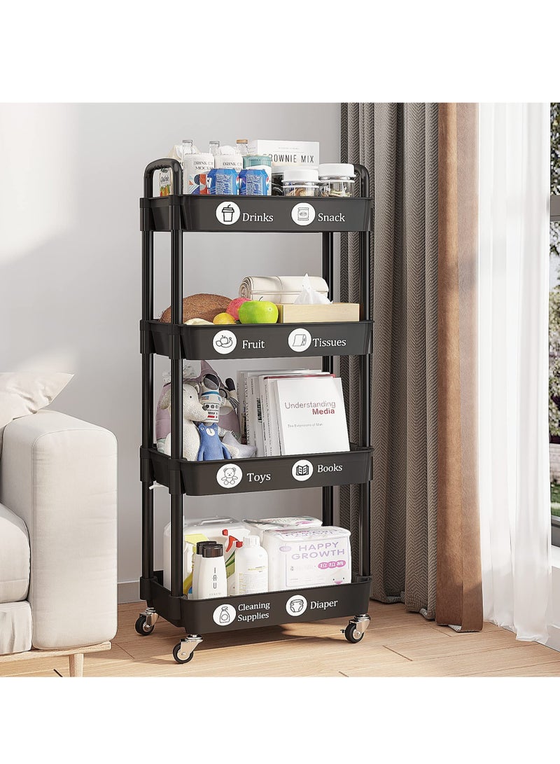 4-Tier Plastic Rolling Utility Cart with Handle, Multi-Functional Storage Trolley for Office, Living Room, Kitchen, Movable Storage Organizer with Wheels, Black  - Image 4