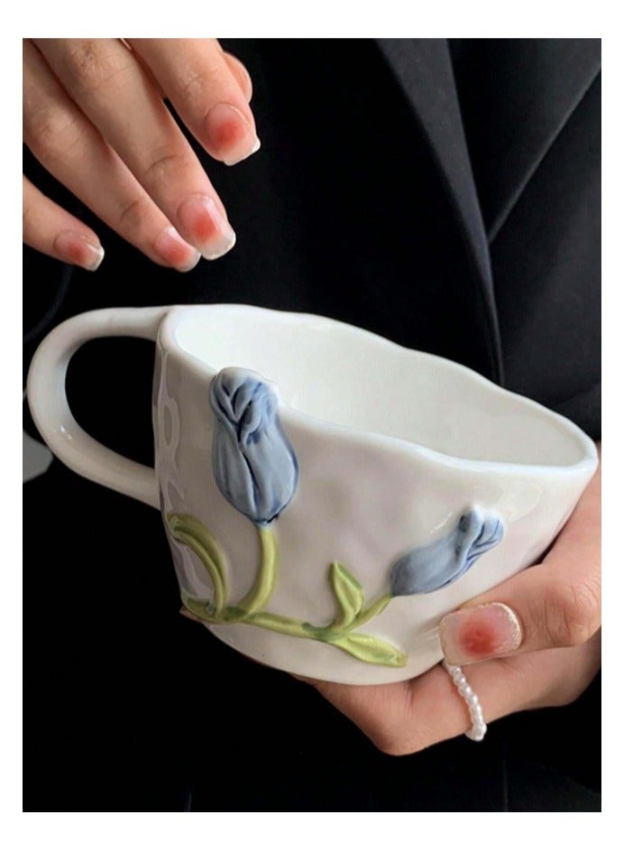 3D Ceramic Tulip Cup Saucer Coffee Cup Saucer Set Coffee Mug with Handle Tea Cup with Saucer Espresso Cup Plate for Dining Table Decoration Blue - Image 2