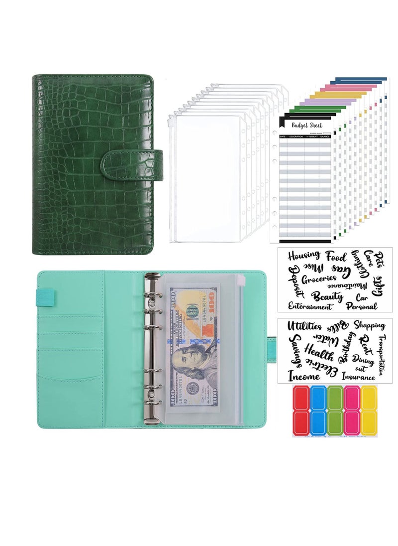 KASTWAVE Budget Binder with 8pcs Cash Envelopes for Budgeting, Crocodile Pattern A6 Binder with 2Pcs Label Stickers and 12Pcs Expense Trackers Money Organizer for Cash for Saving Binder(Green)  - Image 1