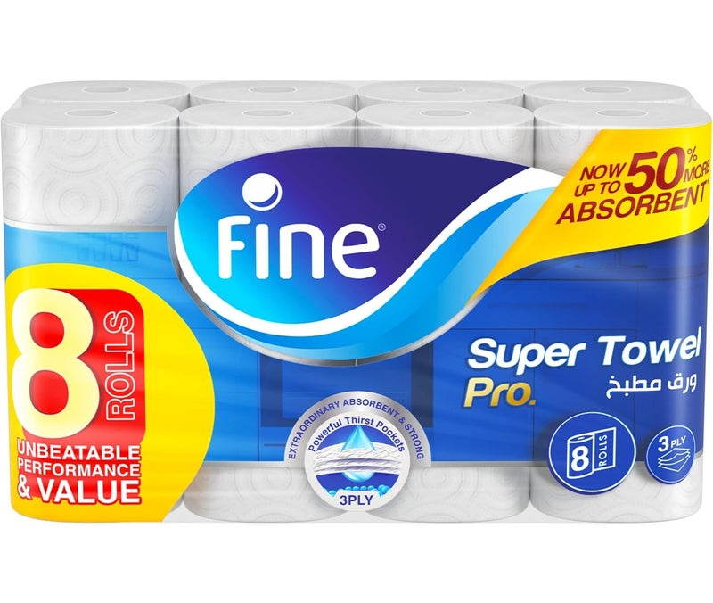 Fine Kitchen Super Towel Pro – 8 Rolls, 3 Ply Ultra Absorbent Paper Towels, Strong & Durable Kitchen Tissue Rolls - Image 1