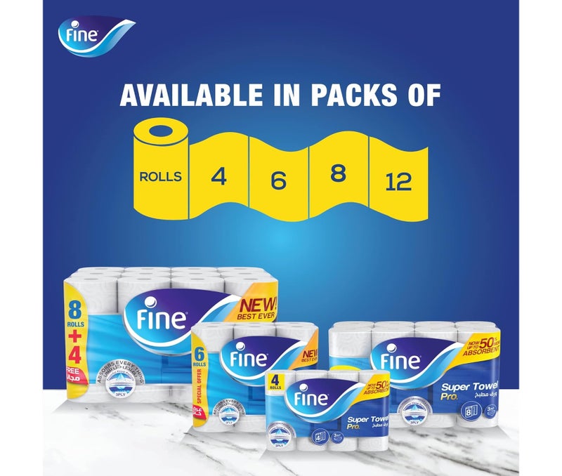 Fine Kitchen Super Towel Pro – 8 Rolls, 3 Ply Ultra Absorbent Paper Towels, Strong & Durable Kitchen Tissue Rolls - Image 2