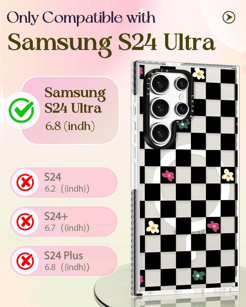 Lotadilo for Samsung Galaxy S24 Ultra Case for Women - Girls Cute Design Compatible with Magsafe Magnetic Ring Holder Stand Black Flower Phone Covers Aesthetic Girly TPU Funda for S24 Ultra - Image 2