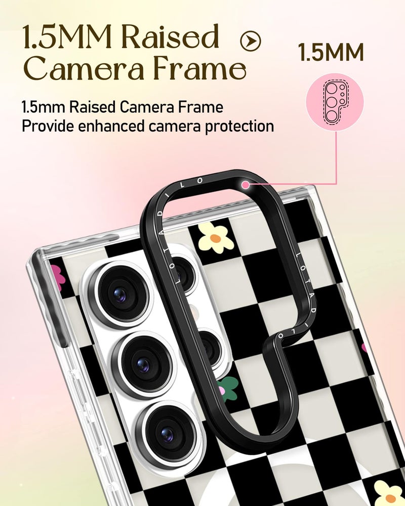 Lotadilo for Samsung Galaxy S24 Ultra Case for Women - Girls Cute Design Compatible with Magsafe Magnetic Ring Holder Stand Black Flower Phone Covers Aesthetic Girly TPU Funda for S24 Ultra - Image 3