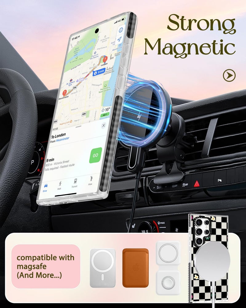 Lotadilo for Samsung Galaxy S24 Ultra Case for Women - Girls Cute Design Compatible with Magsafe Magnetic Ring Holder Stand Black Flower Phone Covers Aesthetic Girly TPU Funda for S24 Ultra - Image 5