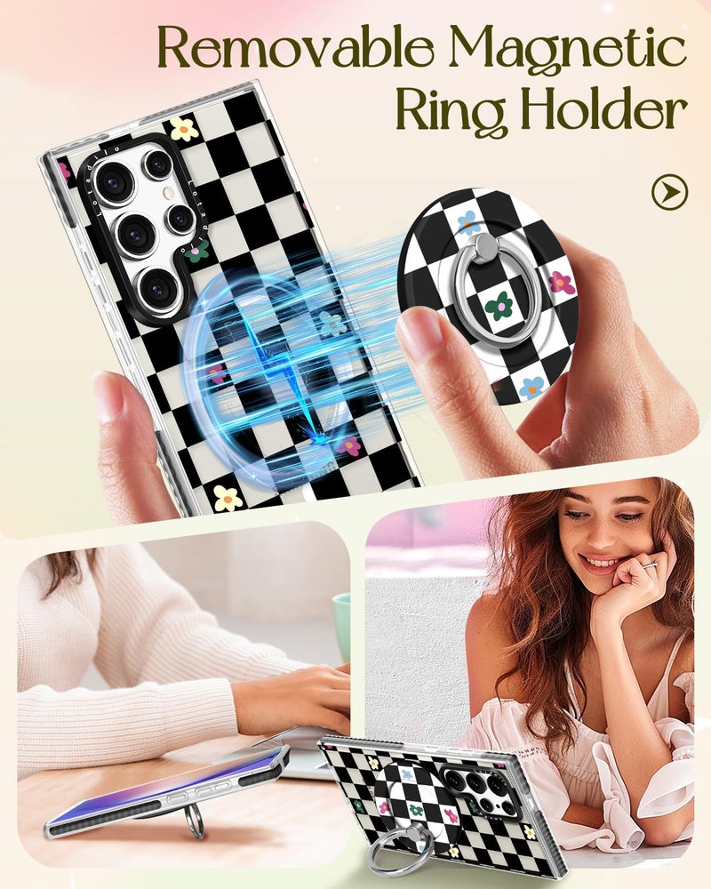 Lotadilo for Samsung Galaxy S24 Ultra Case for Women - Girls Cute Design Compatible with Magsafe Magnetic Ring Holder Stand Black Flower Phone Covers Aesthetic Girly TPU Funda for S24 Ultra - Image 4