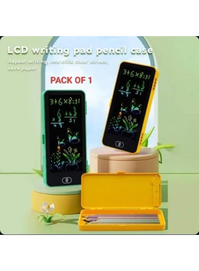 2-in-1 Pencil Case, Geometry Box with LCD Screen, LCD Graphic Writing Tablet with Pen Box, Magic Pen Box with LCD Board, Drawing Pen Bag. Kids Pencil Case with LCD Screen and Writing Pen with Erase Button, Kids Birthday Gift "Yellow" - Image 1