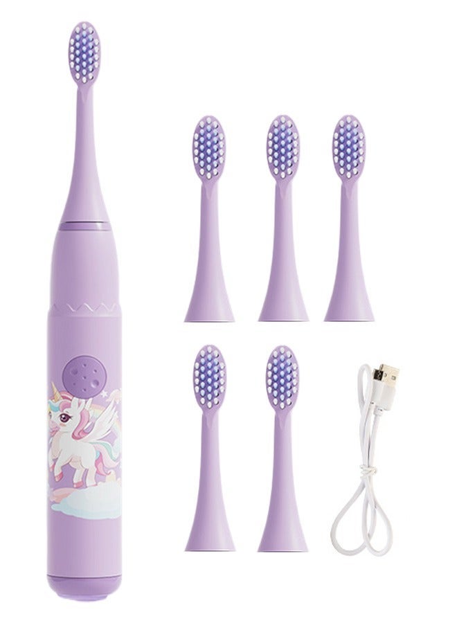 Kids Electric Toothbrush Rechargeable, Children Tooth Brush with Timer, Sonic Toothbrushes with 6 Brush Heads, Unicorn, Purple - Image 1