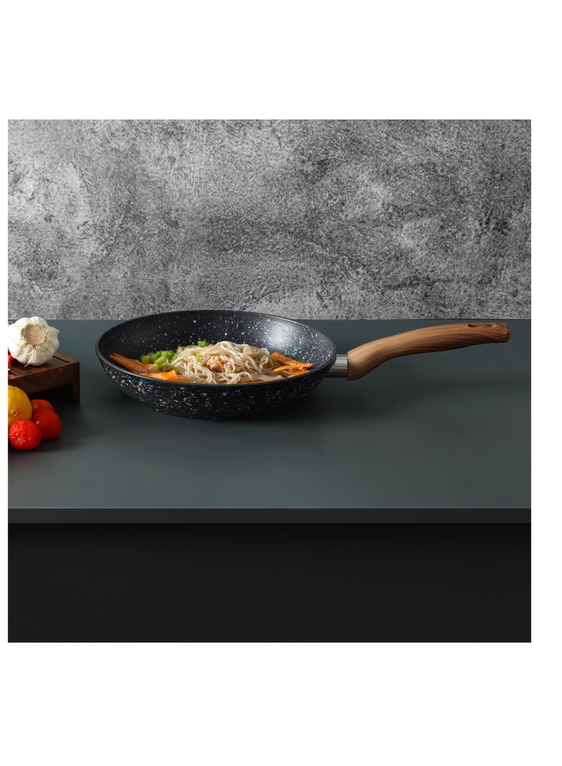 Royalford 28 cm Multistone Frypan- RF12013/ Strong Forged Aluminum Body with Granite Coating and Heat Resistant Wooden Finish Handle/ Induction Bottom, Compatible with Hot Plate, Halogen, Ceramic and Gas Black - Image 3