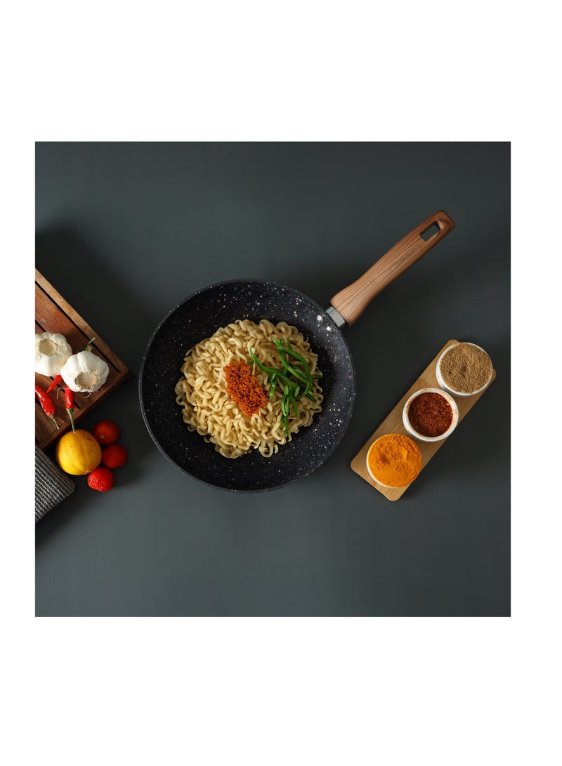 Royalford 28 cm Multistone Frypan- RF12013/ Strong Forged Aluminum Body with Granite Coating and Heat Resistant Wooden Finish Handle/ Induction Bottom, Compatible with Hot Plate, Halogen, Ceramic and Gas Black - Image 2