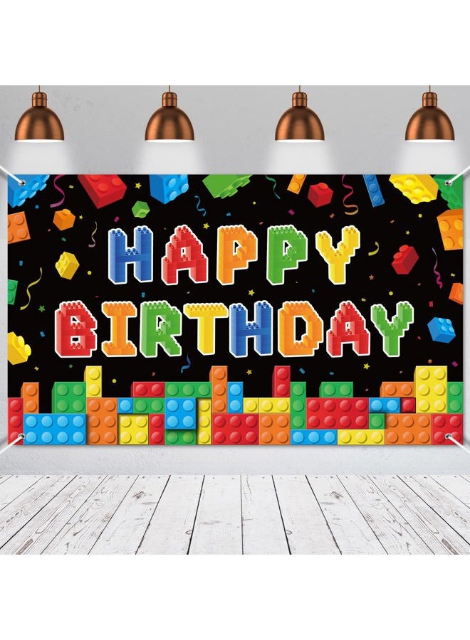 Panelee Building Block Birthday Banner Building Blocks Party Backdrop Decoration Happy Birthday Banner Photography Background for Party, 72.8 x 43.3 Inch(Black) - Image 1