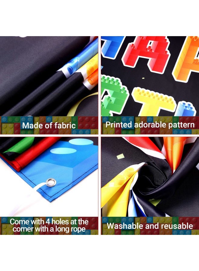 Panelee Building Block Birthday Banner Building Blocks Party Backdrop Decoration Happy Birthday Banner Photography Background for Party, 72.8 x 43.3 Inch(Black) - Image 3