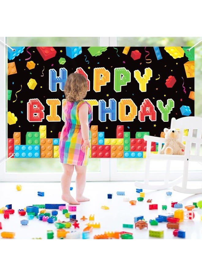 Panelee Building Block Birthday Banner Building Blocks Party Backdrop Decoration Happy Birthday Banner Photography Background for Party, 72.8 x 43.3 Inch(Black) - Image 5