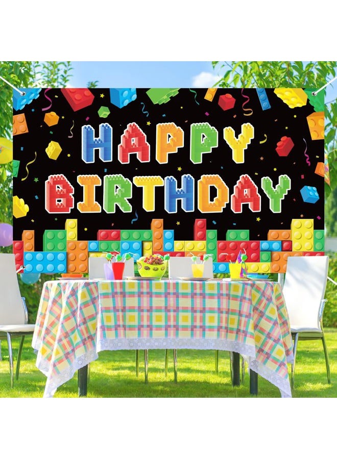 Panelee Building Block Birthday Banner Building Blocks Party Backdrop Decoration Happy Birthday Banner Photography Background for Party, 72.8 x 43.3 Inch(Black) - Image 4