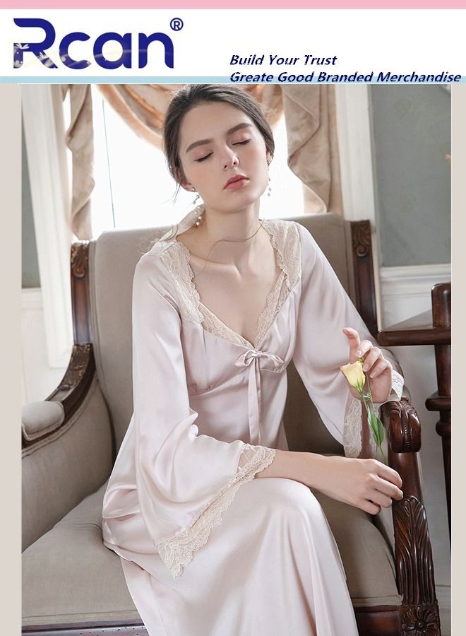Rcan Fashion French Retro Princess Style Pajamas with Chest Pad V Neck Short Sleeve Dress Soft Satin Sleepwear Nightdress Loungewear Skirt Plus Size for Women - Image 1