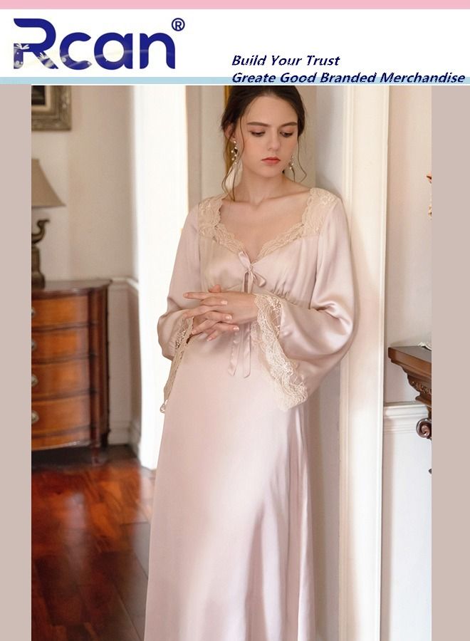 Rcan Fashion French Retro Princess Style Pajamas with Chest Pad V Neck Short Sleeve Dress Soft Satin Sleepwear Nightdress Loungewear Skirt Plus Size for Women - Image 2