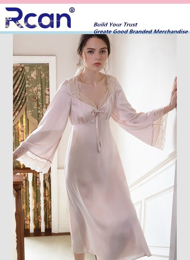 Rcan Fashion French Retro Princess Style Pajamas with Chest Pad V Neck Short Sleeve Dress Soft Satin Sleepwear Nightdress Loungewear Skirt Plus Size for Women - Image 4