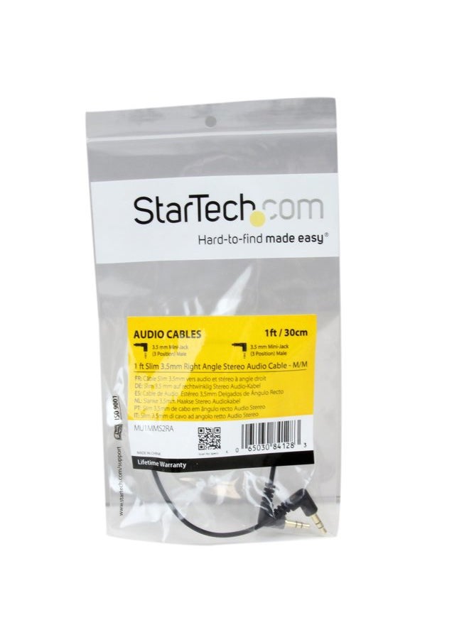 StarTech 1 ft. (0.3 m) Right Angle 3.5 mm Audio Cable - 3.5mm Slim Audio Cable - Right Angle - Male/Male - Aux Cable (MU1MMS2RA), Black  - Image 3