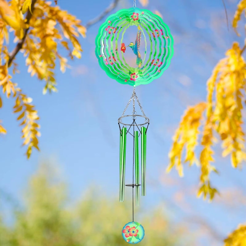 Cactopia 3D Wind Spinners 12” Metal Stainless Steel Illusion Art for Outdoor Balcony Garden Decor & Gifts (Chimes Hummingbird) - Image 1