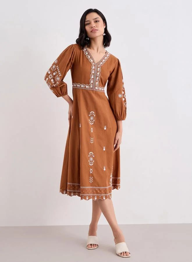 Styli Styli Embroidered Balloon Sleeve A-Line Midi dress