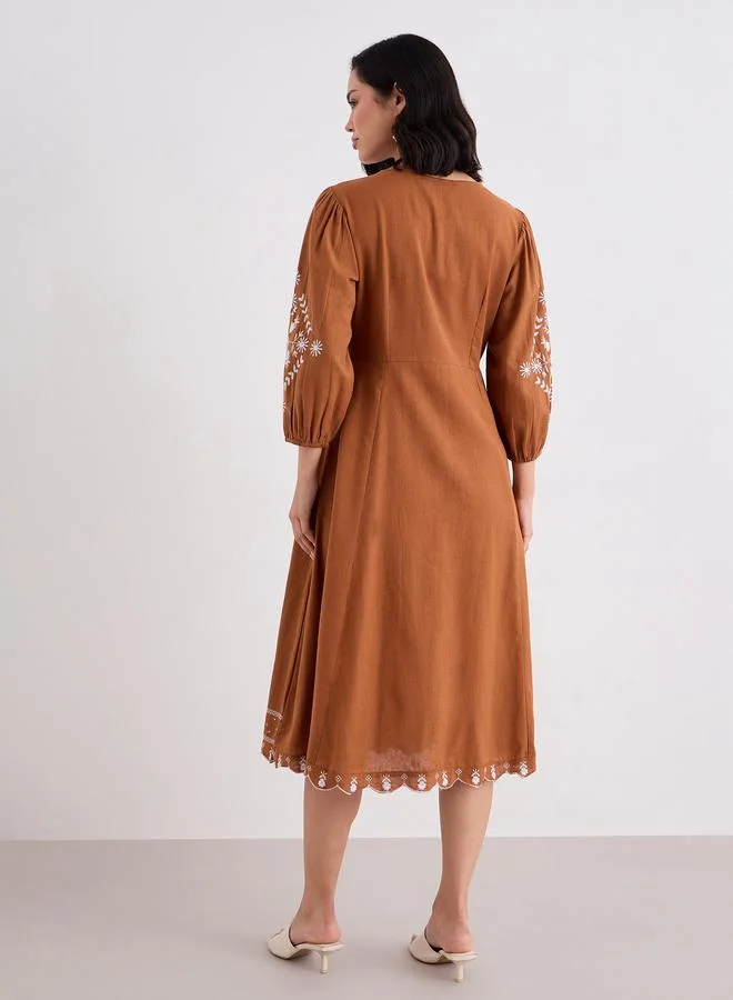 Styli Embroidered Balloon Sleeve A-Line Midi dress
