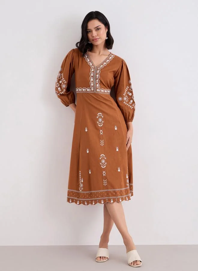 Styli Embroidered Balloon Sleeve A-Line Midi dress