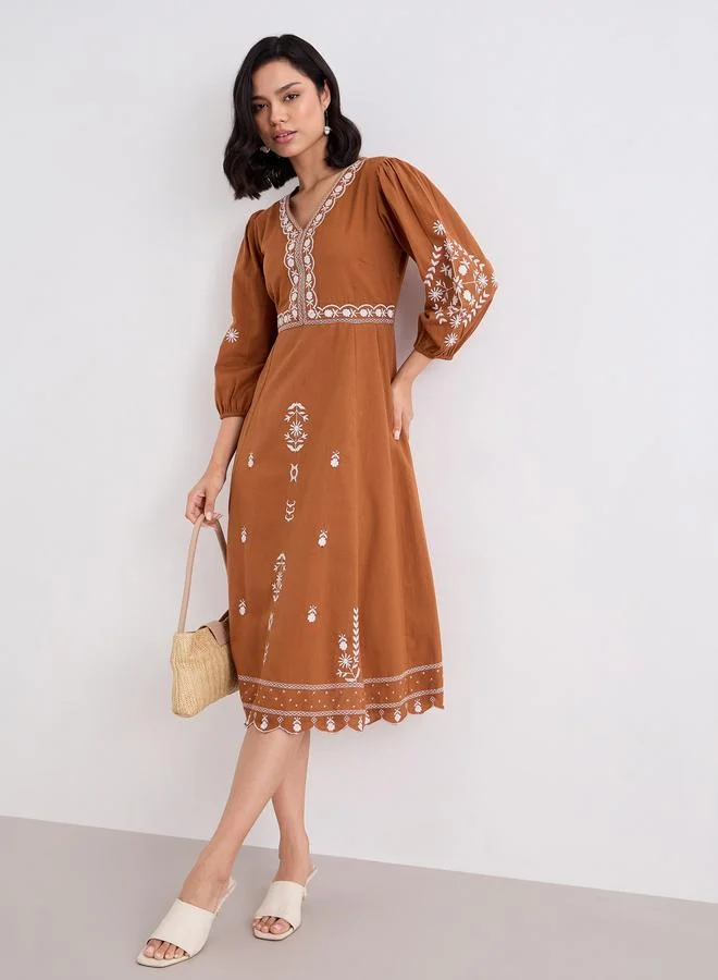 Styli Styli Embroidered Balloon Sleeve A-Line Midi dress