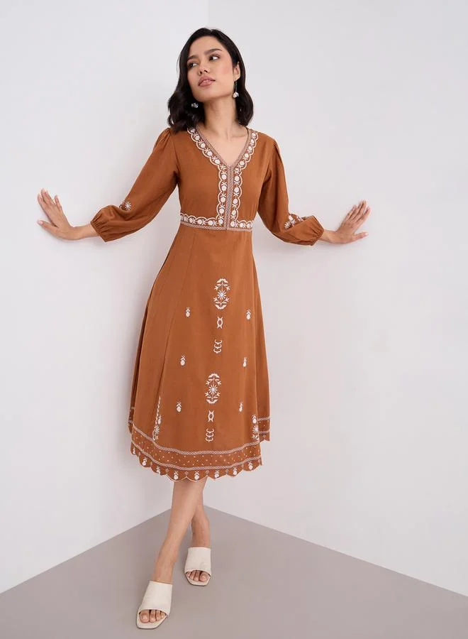 Styli Embroidered Balloon Sleeve A-Line Midi dress