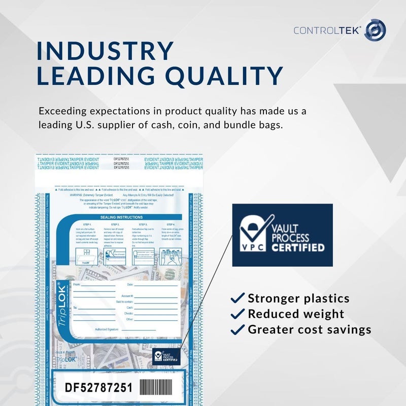 CONTROLTEK TripLok 20" x 20", Clear, 50 Bags, Tamper-Evident Deposit Bags for Cash Handling & Valuables, Moisture, Heat and Cold Sensitive Ink, Tear-Off Receipt + Large Barcodes 585064 - Image 5