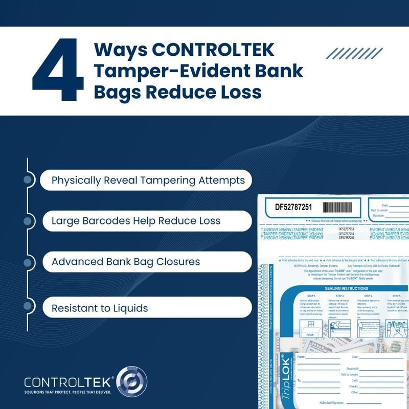 CONTROLTEK TripLok 20" x 20", Clear, 50 Bags, Tamper-Evident Deposit Bags for Cash Handling & Valuables, Moisture, Heat and Cold Sensitive Ink, Tear-Off Receipt + Large Barcodes 585064 - Image 4