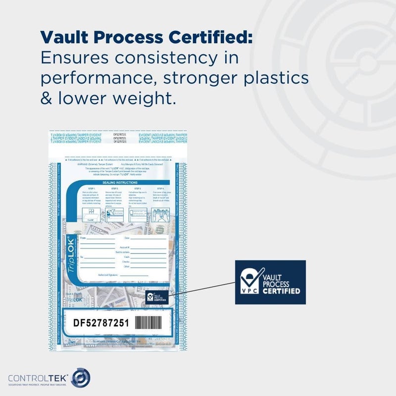CONTROLTEK TripLok 20" x 20", Clear, 50 Bags, Tamper-Evident Deposit Bags for Cash Handling & Valuables, Moisture, Heat and Cold Sensitive Ink, Tear-Off Receipt + Large Barcodes 585064 - Image 3