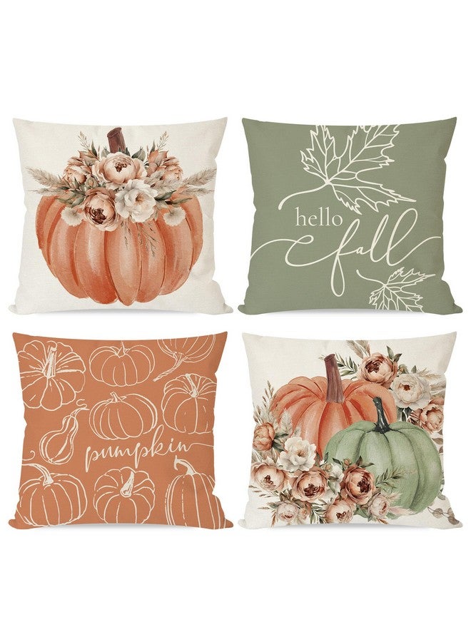 PANDICORN Boho Orange and Sage Green Pumpkin Hello Fall Throw Pillow Covers 18x18 Inch Pampas Floral Outdoor Farmhouse Cottage Autumn Decorations Decorative Pillows Cases Set of 4 for Home Room Decor - Image 1