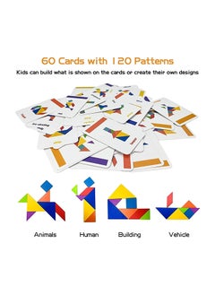 SKY-TOUCH SKY-TOUCH Early Development Tangram Pattern Puzzles Set，Wooden Puzzle Blocks Colorful Tangram Sorting，Stacking Games Montessori Educational Toys，60 Design Cards with 120 Pattern Jigsaw Puzzle  - Image 4