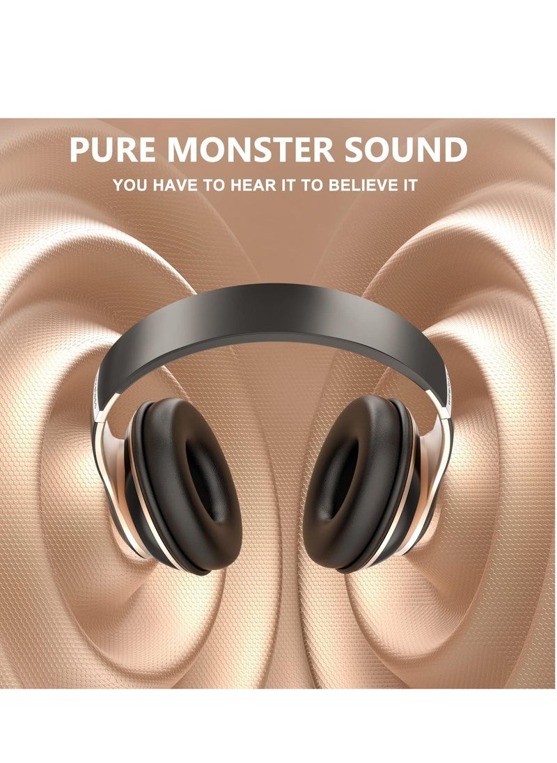 Excefore - Wireless Headphones Over Ear, 6 EQ Modes Bluetooth 65 Hours Playtime Foldable Lightweight Headphones,with Built-in HD Mic, FM, SD/TF for PC/Home (Black & Gold) - Image 1