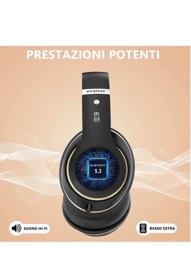 Excefore - Wireless Headphones Over Ear, 6 EQ Modes Bluetooth 65 Hours Playtime Foldable Lightweight Headphones,with Built-in HD Mic, FM, SD/TF for PC/Home (Black & Gold) - Image 1