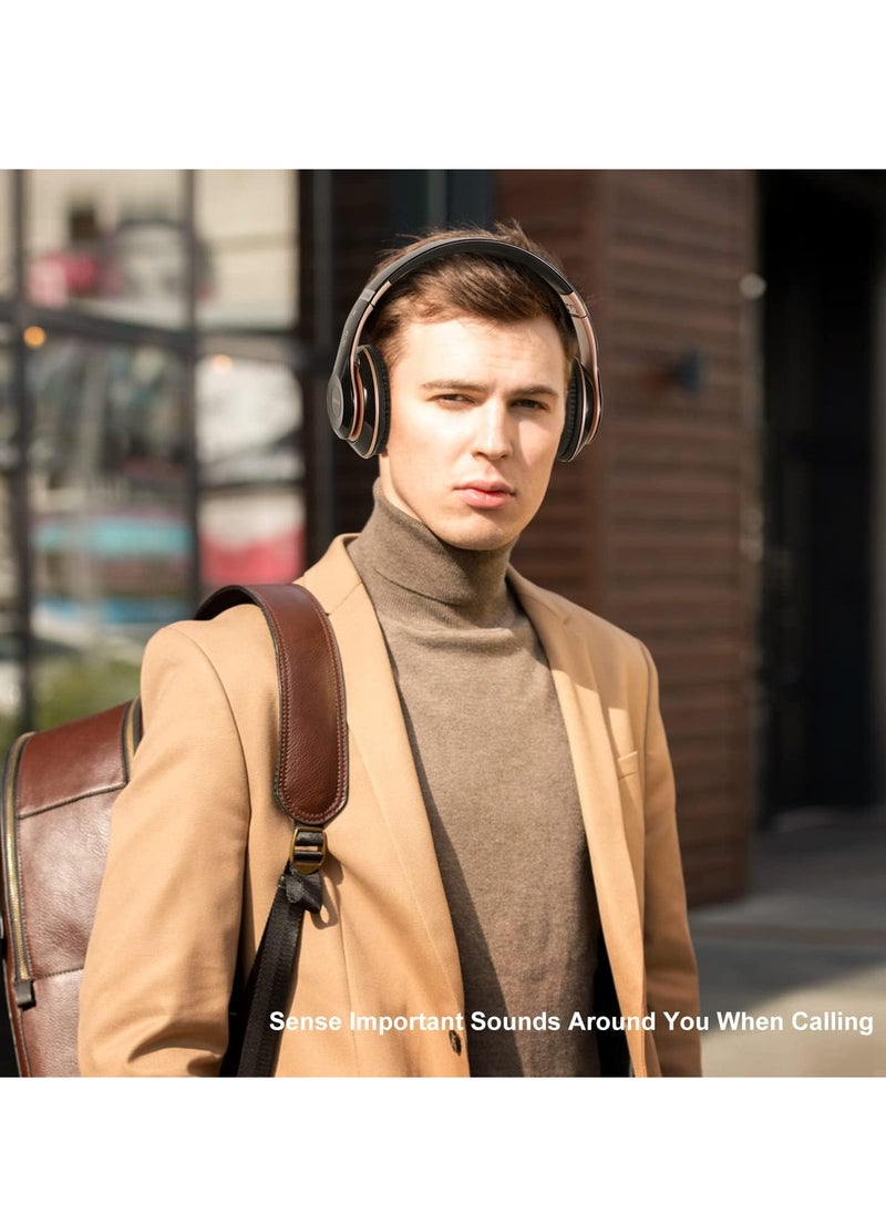 Excefore - Wireless Headphones Over Ear, 6 EQ Modes Bluetooth 65 Hours Playtime Foldable Lightweight Headphones,with Built-in HD Mic, FM, SD/TF for PC/Home (Black & Gold) - Image 1